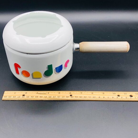 80s White Enamel Fondue Pot Gray Wooden Handle Rainbow Arcade Video Game Font - Picture 10 of 11